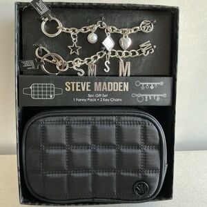 Steve Madden Black Quilted Belt Bag with Two Silver Keychains NWT